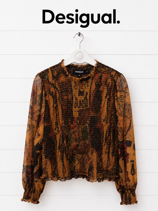 Desigual Tops - DESIGUAL Brown Printed Smocked Mesh Top Size XL